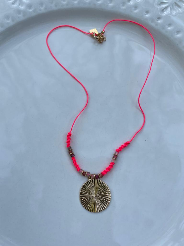 Goa - Neon pink necklace with gold sun medal